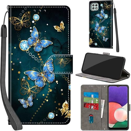 PHINIENLAND For Samsung Galaxy A22 5G Leather Wallet Case,Flip Protective Book Cover with Card Holder,Stand Wrist Strap Magnetic Flip Cover Compatible with for Samsung A22 5G Case -Blue Butterfly