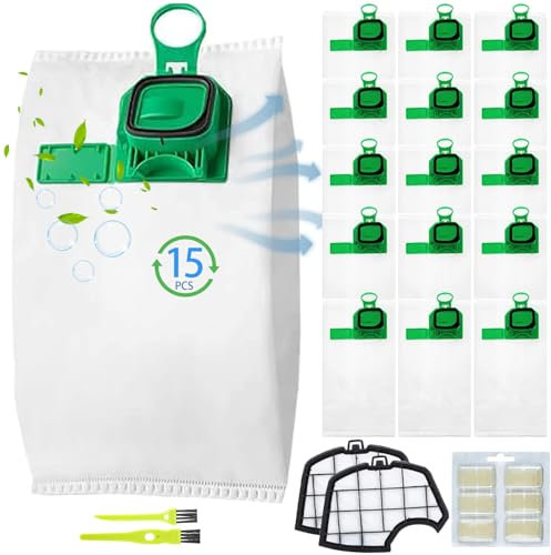 15 bolsas para aspiradora Folletto VK140 VK150 FP140 con 2 filtros de motor, 2 cepillos limpios, 1 ambientador, kit de accesorios para Vorwerk Kobold Aspiradora