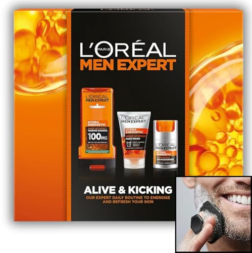 L'Orea| Men Expert Mens Gift Set - Face Care Bundle - Hydra Energetic Mens Gifts - Valentines Gifts for Him,Birthday Gifts for Men - Includes Moisturiser,Face Scrub,Shower Gel&Bemacar Face Exfoliator