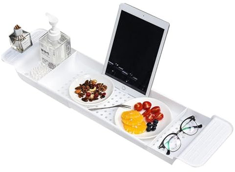 Bandeja De Baño, Bandeja para Bañera Extensible (55-78cm), Bandeja Multifunción para Bañera, Mesa para Bañera, Tabla De Bañera, Organizador De Bañera para Copas De Vino, Vela, Accesorios Baño