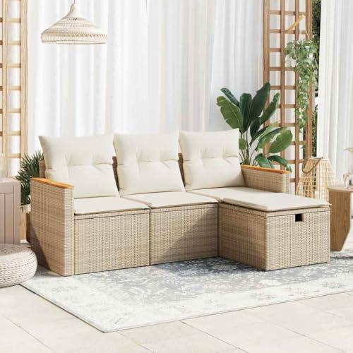 IKAYAA Muebles Jardin Exterior con Almacenamiento de Ratán 4 Piezas, Muebles de Terraza, Muebles de Jardín, Sofa Exterior de Ratán, Sofá Jardín, Conjunto Terraza con Cojines Beige y Crema