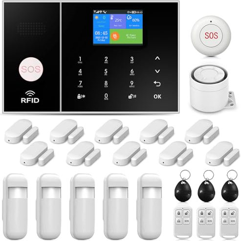 PGST Allarme Casa Senza Fili DIY 24 Pezzi - 4G/WiFi/GSM Sistema Allarme Casa, 10 Sensori Porta/Finestra + 5 Rilevatori Movimento, Allarme 120dB, App Tuya/Smart Life/Alexa/Google, Garanzia 1 Anno