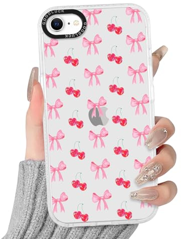 Yirlbey Genomskinligt fodral för iPhone 8/7/SE 2020/SE 2022 4,7 tum, estetisk fluga motiv rosa rosett körsbär ritningar fodral för dam, silikon baksida PC stötsäkert fodral för iPhone SE fodral