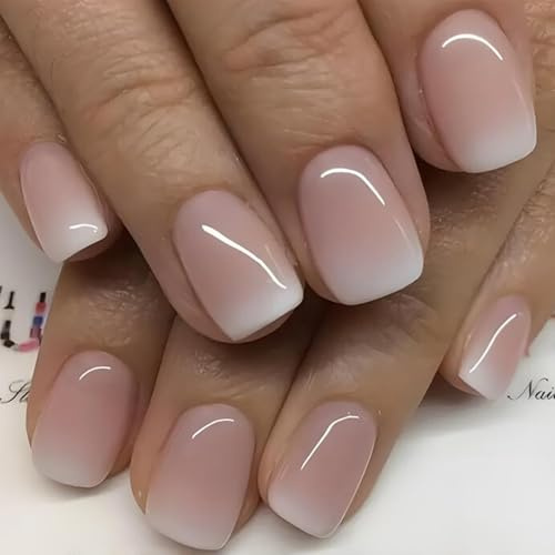 French Tip False Nails - White Pink Gradient Press On Nails - Elegant Natural Short Square Fake Nails With Glue - Removable Acrylic Full Cover Stick On nails For Women Nail Art Accessories
