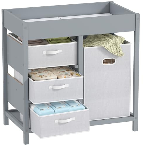 AIYAPLAY Baby Changing Table with 4 Drawers, Nursery Diaper Baby Changing Unit for 0-12 Months (max. 11kg), with Mat, Infant Care Station for Bedroom Nursery, Grey