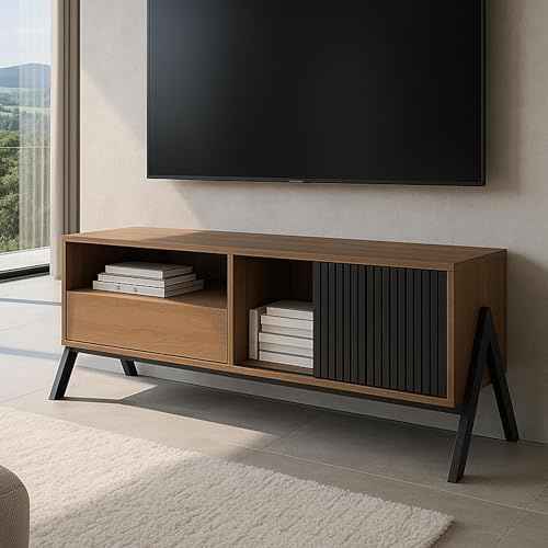 Meuble TV HWC-O40 MDF métal mélamine 49x120x40cm Naturel