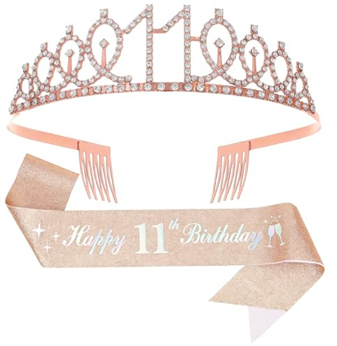 11th Birthday Crown & Sash for Girl, Rose Gold | Happy 11th Birthday Sash,Rhinestone Crown for Girl's 11th Birthday Decor