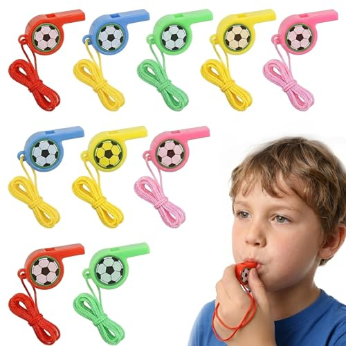 10 Silbatos de Fútbol de Plástico en 5 Colores, Silbato Deportivo para Niños y Adultos, Ideal para Entrenamiento, Árbitros, Pitos de Carnaval, Fiestas de Cumpleaños y Eventos Deportivos