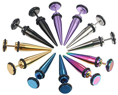 Aroncent 12PCS Stainless Steel Fake Taper Earrings for Men Women - Tunnel Cheater Spike & Plug Earrings