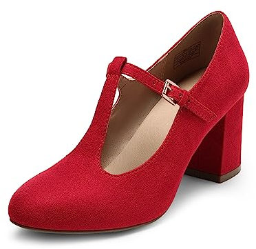 DREAM PAIRS Low Chunky Heels for Women T-Strap Mary Jane Pumps Wedding Dress Shoes DPU211,Size 7,Red,DPU211