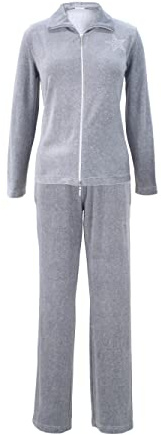 DeSen Damen Velours Nicki Hausanzug Freizeitanzug Nicki-Anzug mit Reißverschluss und Glitzersteinen (44/46, Grau Melange)