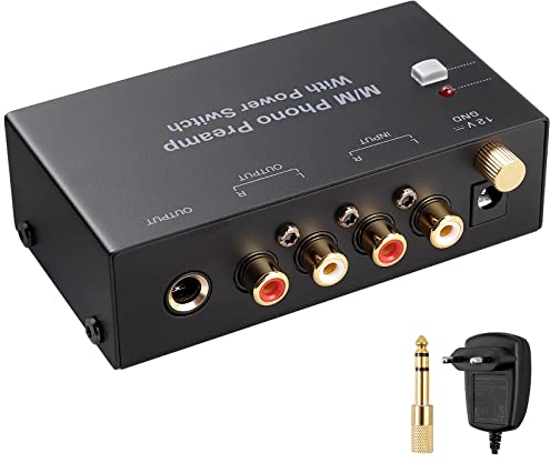 EKLEVOR Préampli Phono Mini Préamplificateur Phono M/M avec Adaptateur DC 12V Préamplificateur Stéréo Métal à Faible Sortie pour RCA Entrée & Sortie 1/4 TRS Préamplificateur de Tourne-Disque