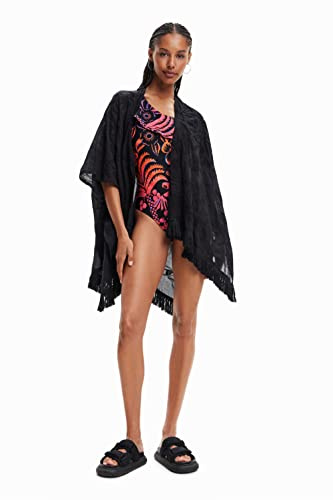 Desigual Flower Clara - Caftán bordado abierto 23SAWA37 blanco y negro, Negro, talla única
