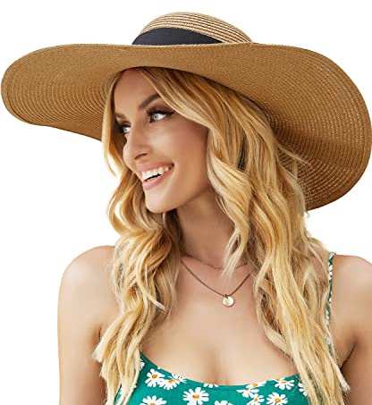 Beach Sun Hats for Women, Wide Brim Straw Hat for Women UPF 50+ UV Sun Protection Floppy Summer Hat Foldable Roll up Cap