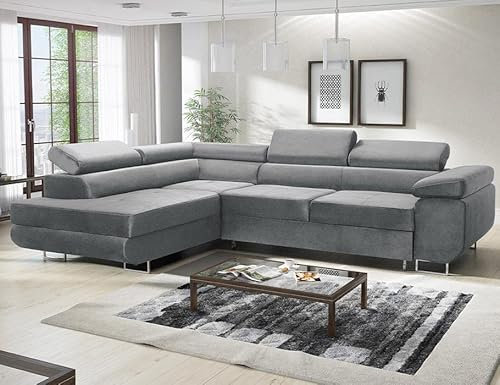 Easy4You Ecksofa Avatar Velvet L-Form – 277x73x203 cm - Schlafsofa mit Bettkasten und Schlaffunktion - Eckcouch mit Stauraum – Rechts – Stoff Monolith Grau (M85)