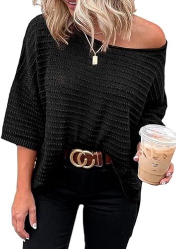 Cuptacc Top Damen 2024 Mode Loose Fit Rundhals Pullover Damen Herbst 3/4 Ärmel T-Shirt Damen Schwarz Mittel M 38-40