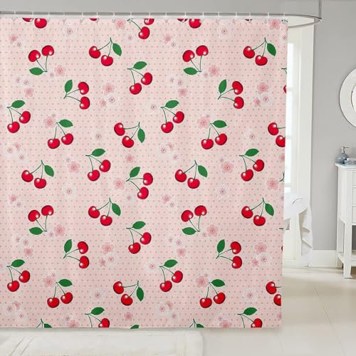 Tizhweqo Duschvorhang 180x200 Kirsche Duschvorhang Rot Badezimmer Vorhang Antischimmel Wasserdicht 3D Effekt Duschvorhänge Textil Polyester Stoff für Badewannen mit Haken B2531