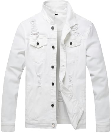 RANMCC Jean Jacket for Men Slim Fit Ripped Denim Jacket Coat, White, Medium