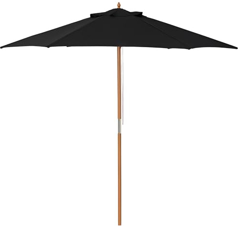 Outsunny Sombrilla de Jardín Ø250x230 cm Parasol de Terraza con 6 Varillas Poste Desmontable Anti-UV Impermeable y Marco de Madera para Playa Patio Negro