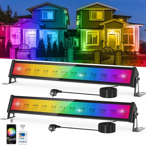 NATPOW Projecteur RGB LED Extérieur 50W, Barre Lumineuse avec Application Bluetooth et Télécommande, Étanche IP65 Lumière Extérieure LED, Lampe Changeant de Couleur pour Fête, Jardin, Patio, 2 Pièces