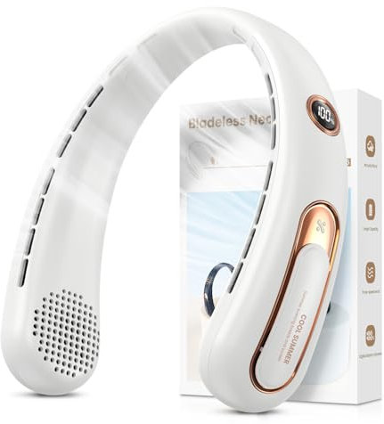 Ventilateur de Cou Portable, Ventilateur USB Rechargeable 4000mAh Max 15H, Ventilateur Silencieux sans Pale, 3 Vitesses et Affichage LED, Petit Ventilo Puissant 360°, pour Bureau Sport Voyage Camping