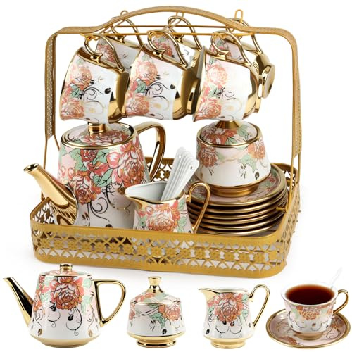 Porcelain Tea Cup and Saucer Set, 22Pcs Luxury Flower Tea Sets, 220 ml Tea Coffee Cup, 1100ml Large Ceramic Teapot Set with Metal Holder,British Tea Coffee Serving Sets for Wedding,Party,Wommen,Gift