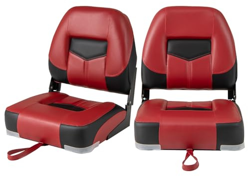 HOMASIS 2er Bootssitz klappbar, gepolsterter Bootsstuhl mit 11 cm dickem Sitz, wasserdichter Steuerstuhl mit Befestigungsgurt, ergonomischer Steuersitz für Boot, 50x42x52cm (Rot+Schwarz)
