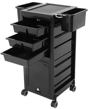 Carrello da parrucchiere con 7 livelli e 6 cassetti rimovibili, carrello da salone con serratura, carrello cosmetico per saloni di bellezza parrucchieri - nero