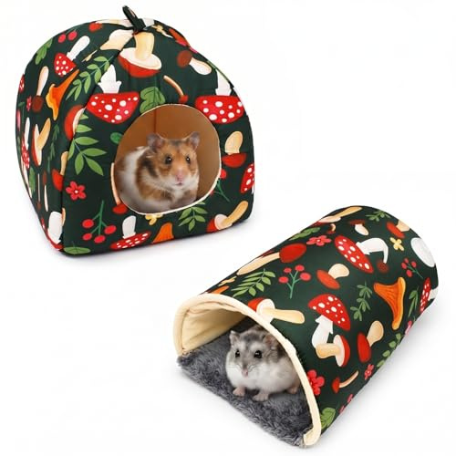 Kufeiper 2 Piezas de Casa y Túnel para Cobayas,Cama de Conejillo de Indias,Camas para Cobayas,Cueva Cálida para Erizos Chinchillas Hurones y Pequeñas Mascotas(Setas)