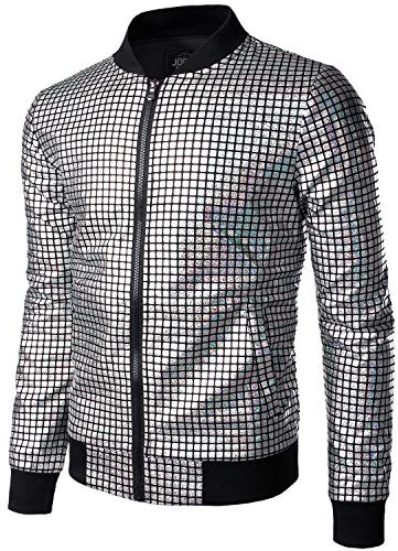 JOGAL - Giacca bomber da baseball da uomo, metallizzata con paillettes, anni 70, per discoteca, party, costume, argento, S
