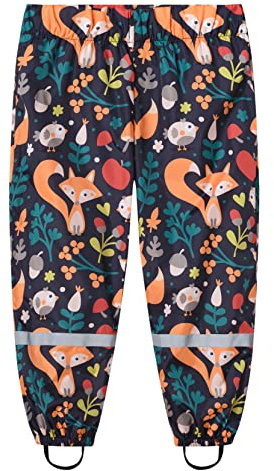 FEOYA Girls Boys Waterproof Overtrouser Cartoon Print Stirrups Reflective Rain Pants Easy Clean Garden Mud Pants with Ankle Strap Reflective Strips Infant Kids 2~10 Black Fox 2-3Years