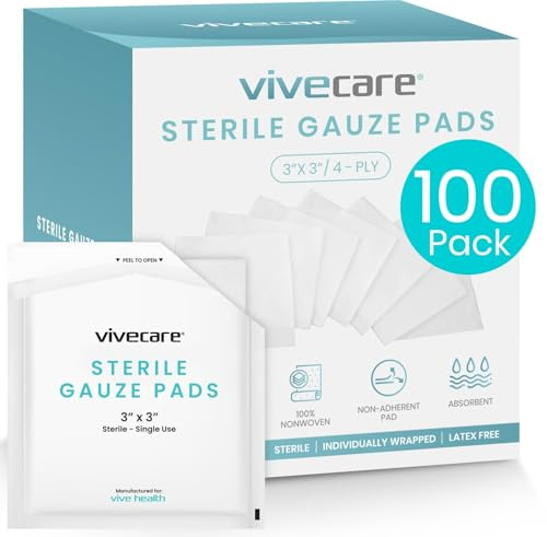 Vive Care 3x3 Sterile Gauze Pads (100 Piece) - Individually Wrapped 2-Pack Wound Dressing for Cleaning & Cushioning - Non-Adhesive Highly Absorbent Bandages