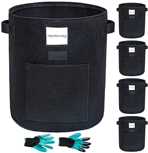 Yorbay Pflanzsack 5x60L aus Vliesstoff, Pflanzen Tasche mit 1 Gartenhandschuhe, Pflanztopf Pflanzensack für Kartoffeln,Tomaten, Blumen, Pflanzen, Gemüs