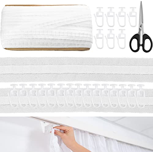 GZjiyu Gardinenband Kräuselband 30m*2.5cm Gardinenband zum Aufnähen Kräuselband Gardinen Faltenband Falten für Vorhängen, mit 100 Vorhanghaken für Hängenden Tüchern Türvorhängen Duschvorhängen