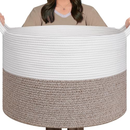 TIMEYARD XXXLarge Cotton Rope Basket Woven Baby Laundry Blanket Basket Toy Baskets with Handle Storage Comforter Cushions Thread Laundry Hamper, 55x35cm, White & Brown