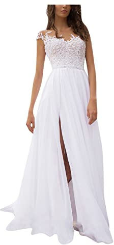 Vestido de novia de encaje para mujer, de gasa, vestido de novia, vestido de novia, abertura lateral, línea A, vestido largo, elegante, sin espalda, vestido de novia, vestido lateral, vestido de