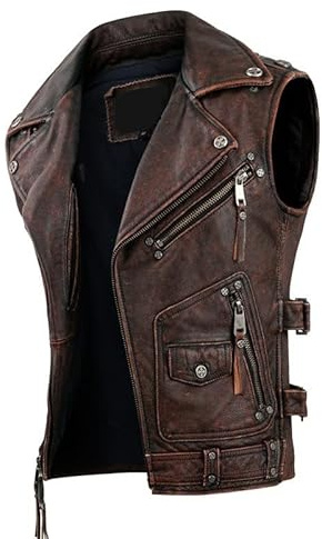 Suiting Style Chaleco vintage sin mangas con cremallera para hombre, chaleco de cuero vacuno genuino