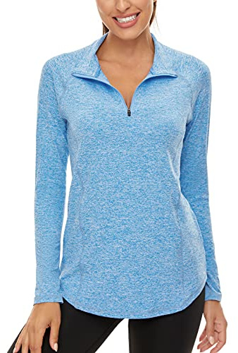 Blue Casual Womens Sport Top, Long Sleeve Ladies Cycling Pullover Gym Tops