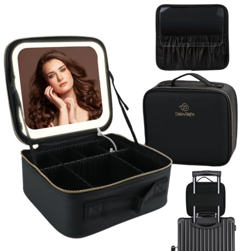 DaizySight Travel Makeup Bag with Led Light Mirror Large Capacity, Black | Cosmetic Organizer Vanity Travel Case for Make up with Adjustable Compartment, Size 10.23*9.05