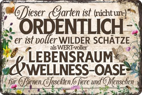LUCKYLINDE - Wetterfestes Blechschild, Gartenschild – Dieser Garten ist nicht unordentlich, es ist eine Wellnessoase für Bienen – lustiger Spruch, 20 x 30 cm