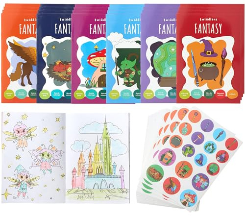 THE TWIDDLERS 24 Mini livres de coloriage pour sacs de fête, avec autocollants - Thème fantastique, A6 Mini livres pour enfants, 4-8 ans, parfaits petits livres de coloriage pour sacs de fête Favours