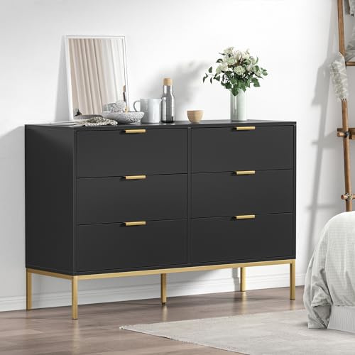 Yvsevnr Kommodenschrank Schlafzimmer, Kommode mit 6 Schubladen Schwarz Sideboard 120cm Breit, Schrank mit 6 Schubladen aus Holz für Wohnzimmer, Schlafzimmer, Kinderzimmer, Flur 120 x 40 x 81 cm