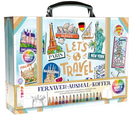 Colorful World Weltreise - Fernweh-Ausmal-Koffer: Koffer mit Ausmalbuch, Postkartenblock und großer Karte zum Ausmalen, kleinem Anleitungsbuch und 16 ... (Colorful World Weltreise (Ausmalbücher))