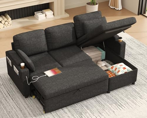 DURASPACE Schlafsofa ausziehbar 2 in 1 Sektional Schlafsofa Couches mit Lagerung, USB, Cup Holder, Pullout Sektional Couches für Wohnung Wohnzimmer (Dunkelgrau)