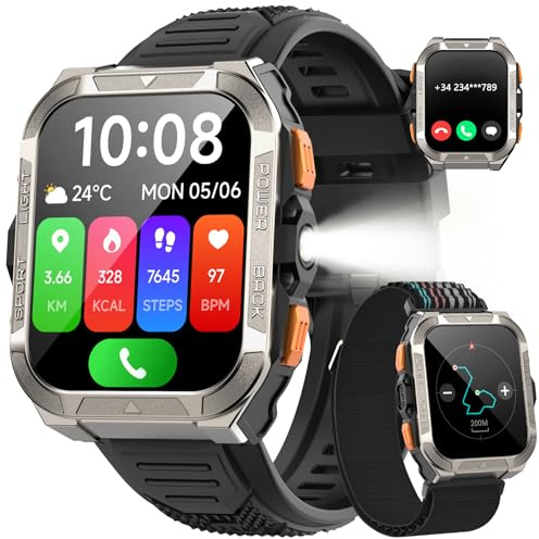 IOWODO Smartwatch Militare Uomo, Orologio GPS con Batteria 7 Giorni, Impermeabile IP68, 100+ Modalità Sportive, Torcia, Bussola, Notifiche Chiamate Bluetooth, Compatibile con iPhone e Android
