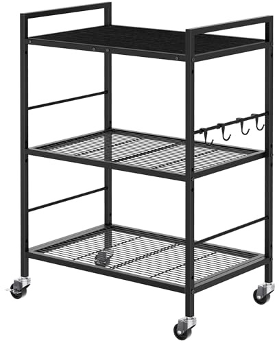 XIVIRACK 3-Tier Metal Storage Rack with Industrial Wheels,Mesh Shelving Unit with Wooden Table top,Adjustable Shelf,23.6-Inch Width,15.8-Inch Depth, for Kitchen, Laundry,Pantry,Plant,Black panel