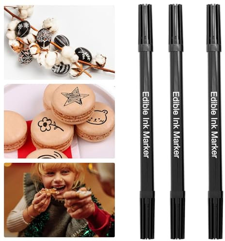 3 Feutres Alimentaires Noirs – Stylo Double Pointe à Encre Comestible pour Décoration Gâteaux, Biscuits, Chocolat, Macarons – Pointe Fine & Large – Stylo Noir pour Pâtisserie