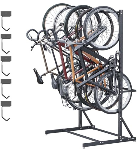 LIROPAU Freestanding Bike Stroage Rack for Max 5 Bikes, Vertical Bike Hanger Holds for Mountain or Road Bikes, Thick Metal Black Floor Mount for Indoor & Garage, Space Saving