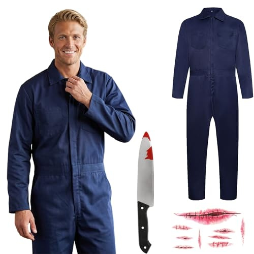 Joyincoser Michael Myers kostym herr med kniv, skrämmande död djupblå overall, läskig present för halloween, karneval (medium)