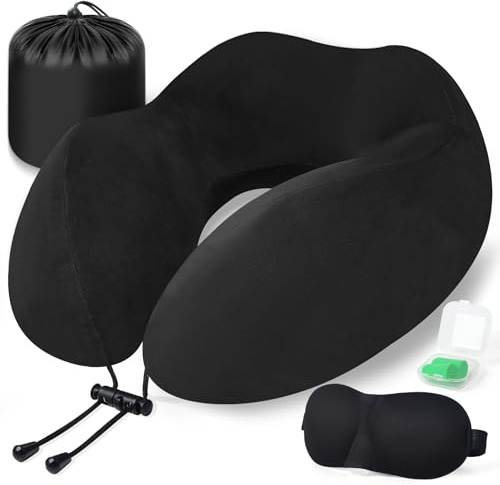 Kulamo Cuscino da Viaggio, Cuscino Collo Memory Foam, Cuscino Cervicale da Ufficio Ergonomico Portatile, con Maschera per Dormir, Tappi auricolari, Borsa, Perfetto per Aereo, Auto e Treno (Nero)